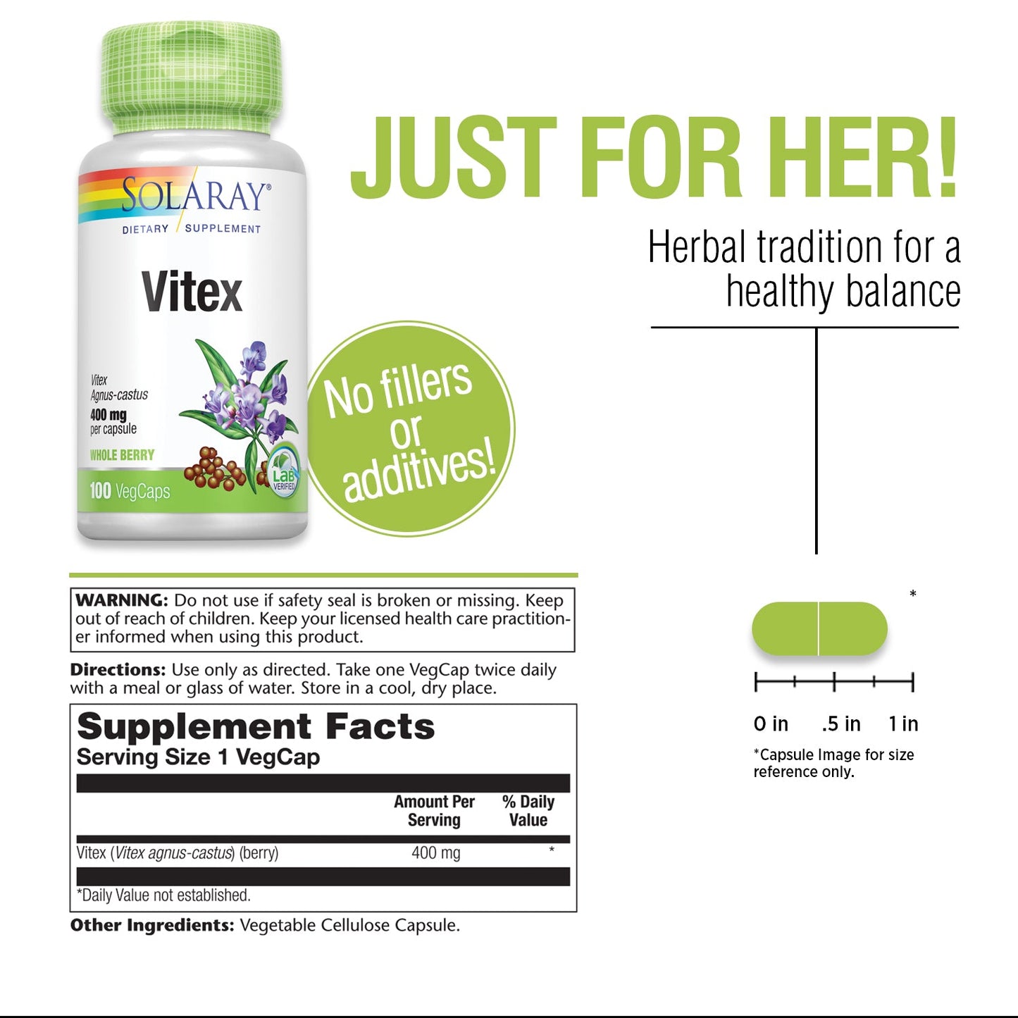 Solaray Vitex Berry 400mg | Womens Healthy Hormone Balance Formula | Menstruation & Menopause Support, 100ct
