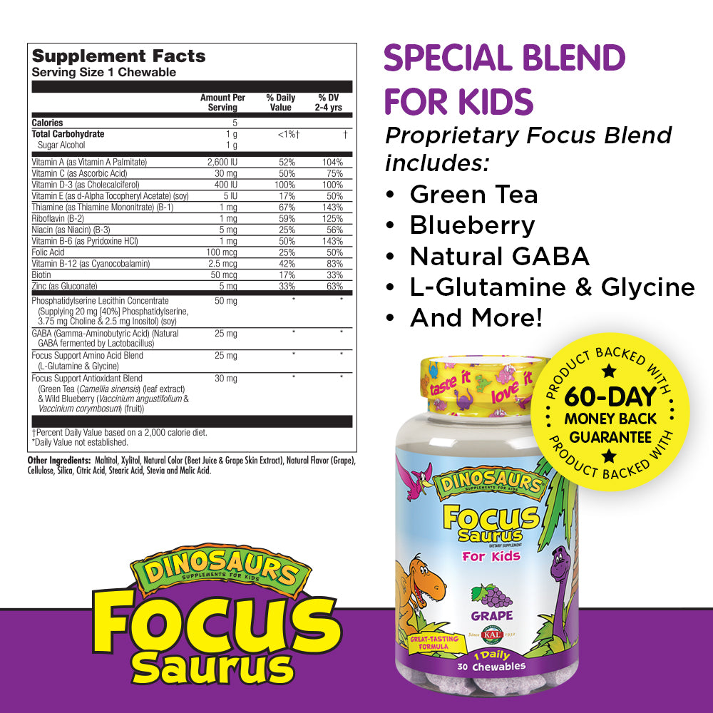 KAL Focus-Saurus | Focus Support for Kids | Amino Acid, Antioxidant & GABA Focus Blend for Children | No Sugar, Grape Flavor Chewables | 30 ct