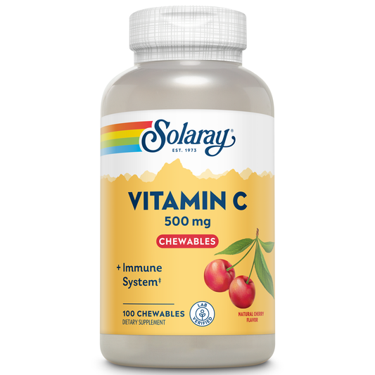 Solaray Chewable Vitamin C 500 mg, Natural Cherry Flavor with Natural Sweeteners, Antioxidant and Immune Support Supplement with Whole Food Base, 60-Day Guarantee, 100 Servings, 100 Chewables