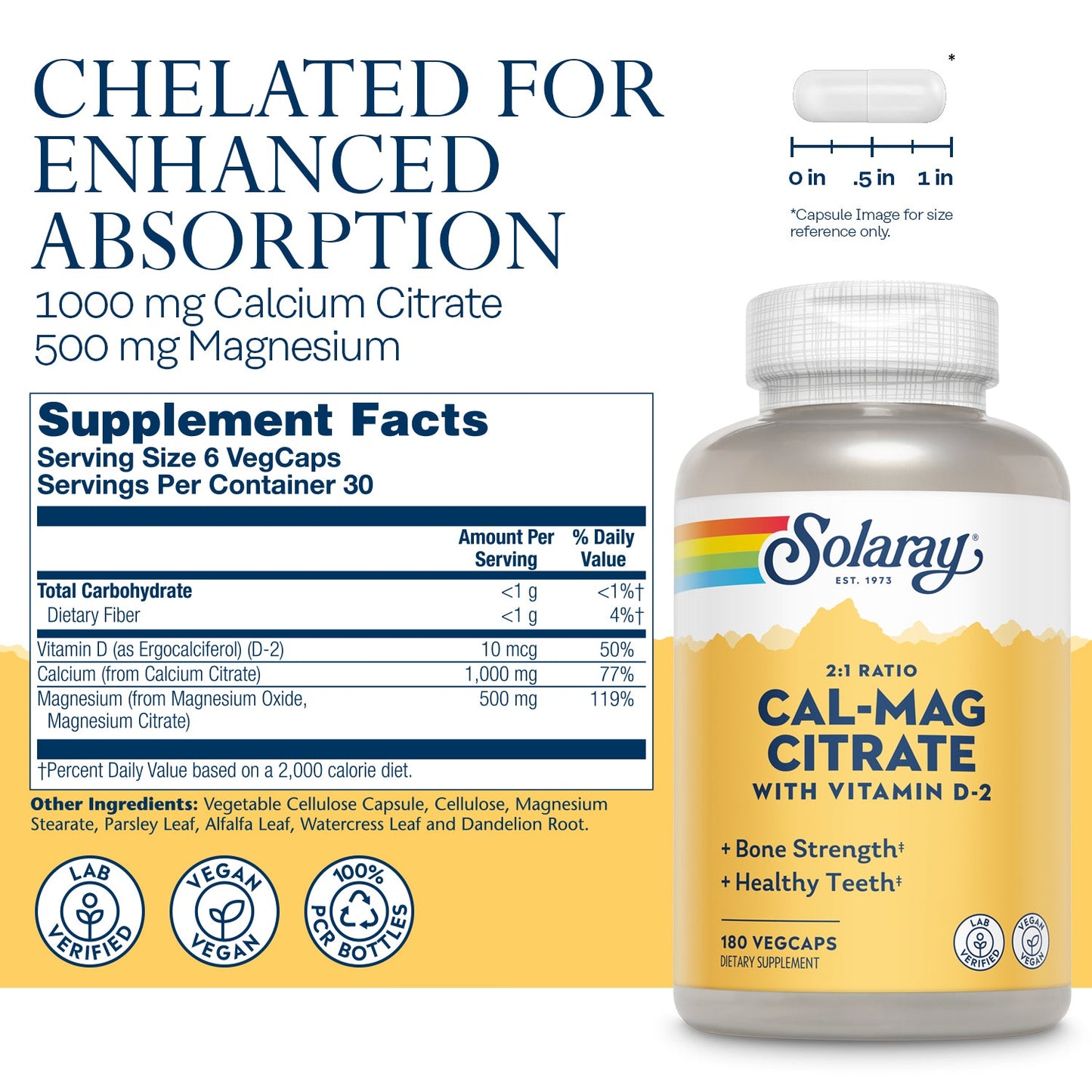 Solaray Calcium Magnesium Citrate 2:1 Ratio with Vitamin D2, Healthy Bone, Muscle & Nerve Support, 30 Serv, 180 VegCaps