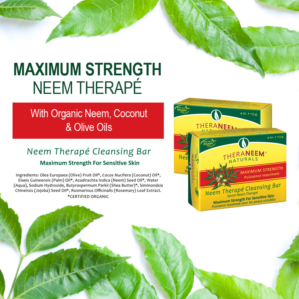 TheraNeem Neem Therape Cleansing Bar, Maximum Strength | Neem Oil Soap for Sensitive Skin | Soothes & Hydrates | 4oz