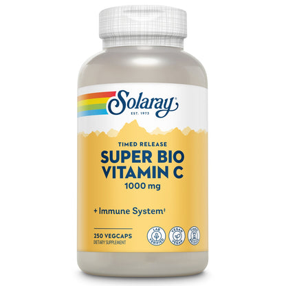 Solaray Super Bio Vitamin C 1000mg, Buffered, Time Release Capsules with Bioflavonoids, Two-Stage for High Absorption & All Day Immune Support, Vegan, 60 Day Guarantee, 125 Servings, 250 VegCaps