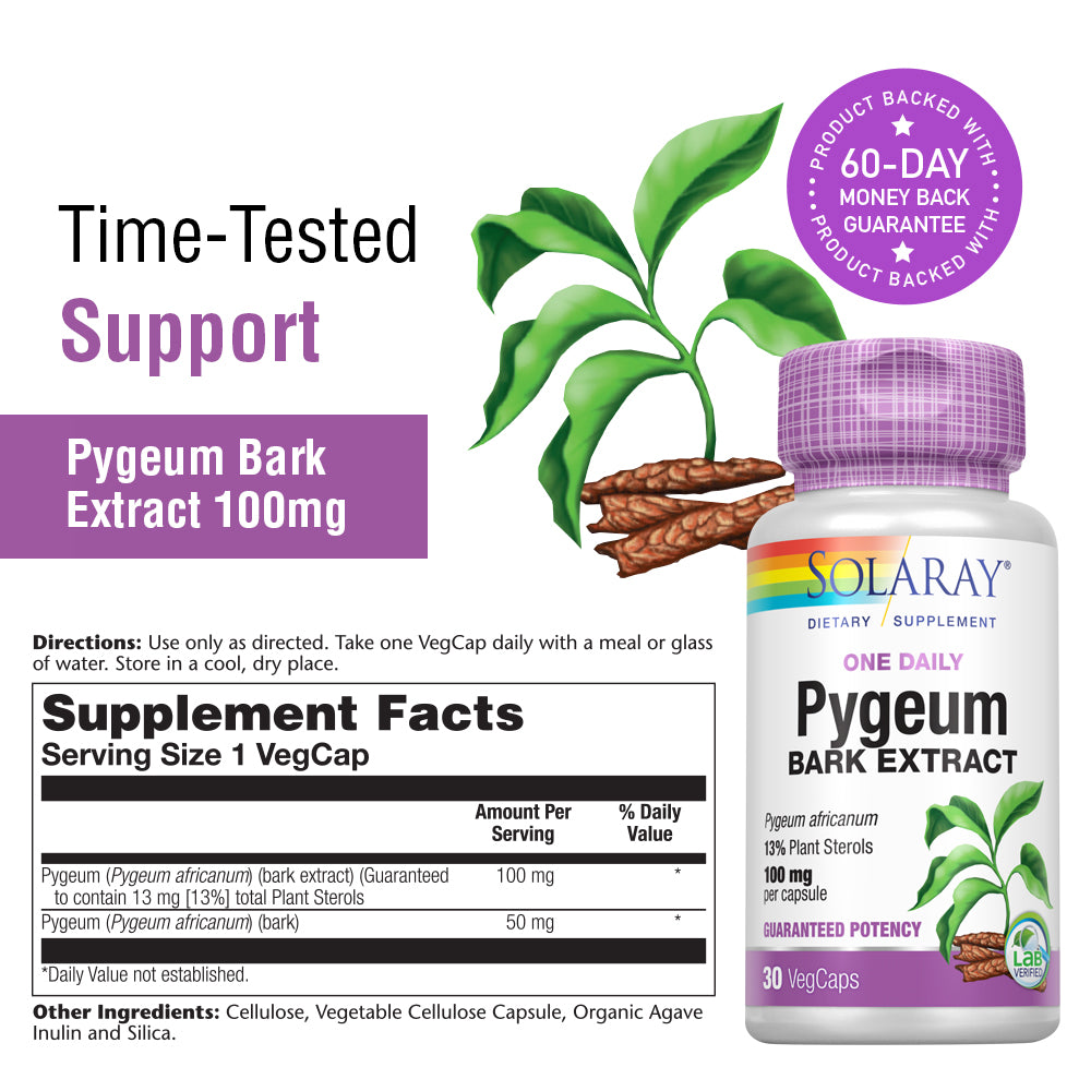 Solaray Pygeum Bark Extract, One Daily 100mg Healthy Prostate Support Guaranteed to Contain 13 mg Total Plant Sterols 30 VegCaps