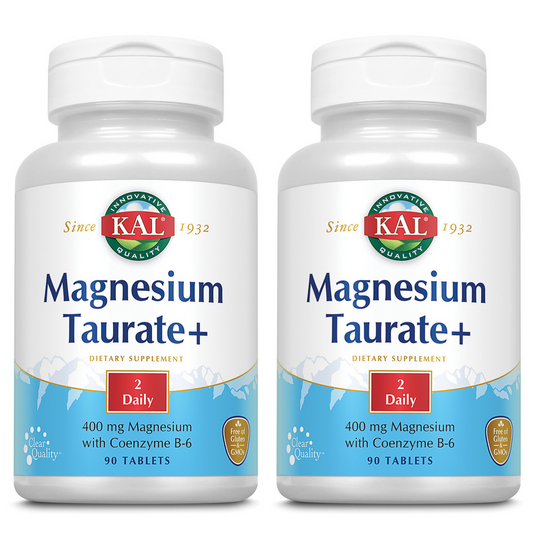 KAL Magnesium Taurate 400mg Plus CoEnzyme Vitamin B6, Chelated Magnesium Supplement, Healthy Muscle Function, Nerve and Heart Health Support, Gluten Free, Vegan, 60-Day Guarantee (90 CT, 2pk)