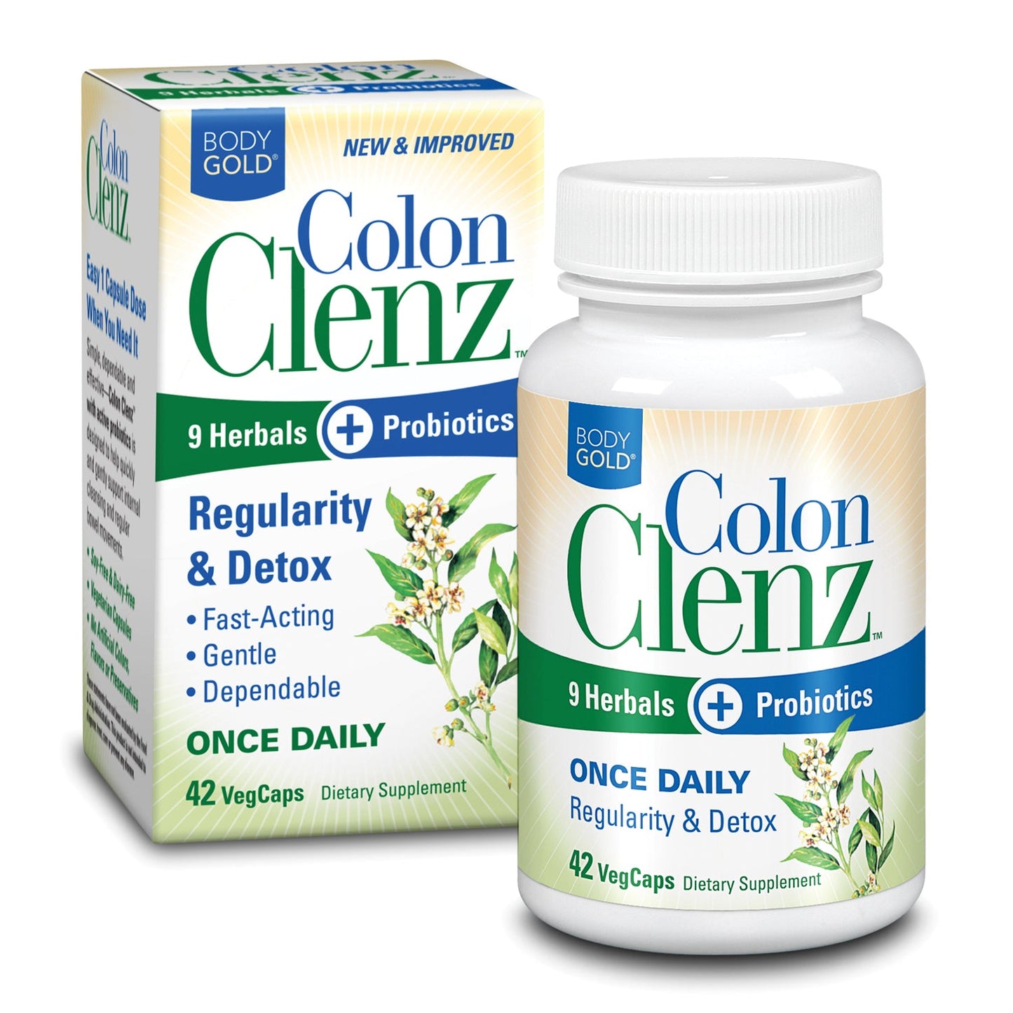 BodyGold Colon Clenz Regularity & Detox Formula Once Daily Support with 9 Herbs + Active Probiotics (047868425606)