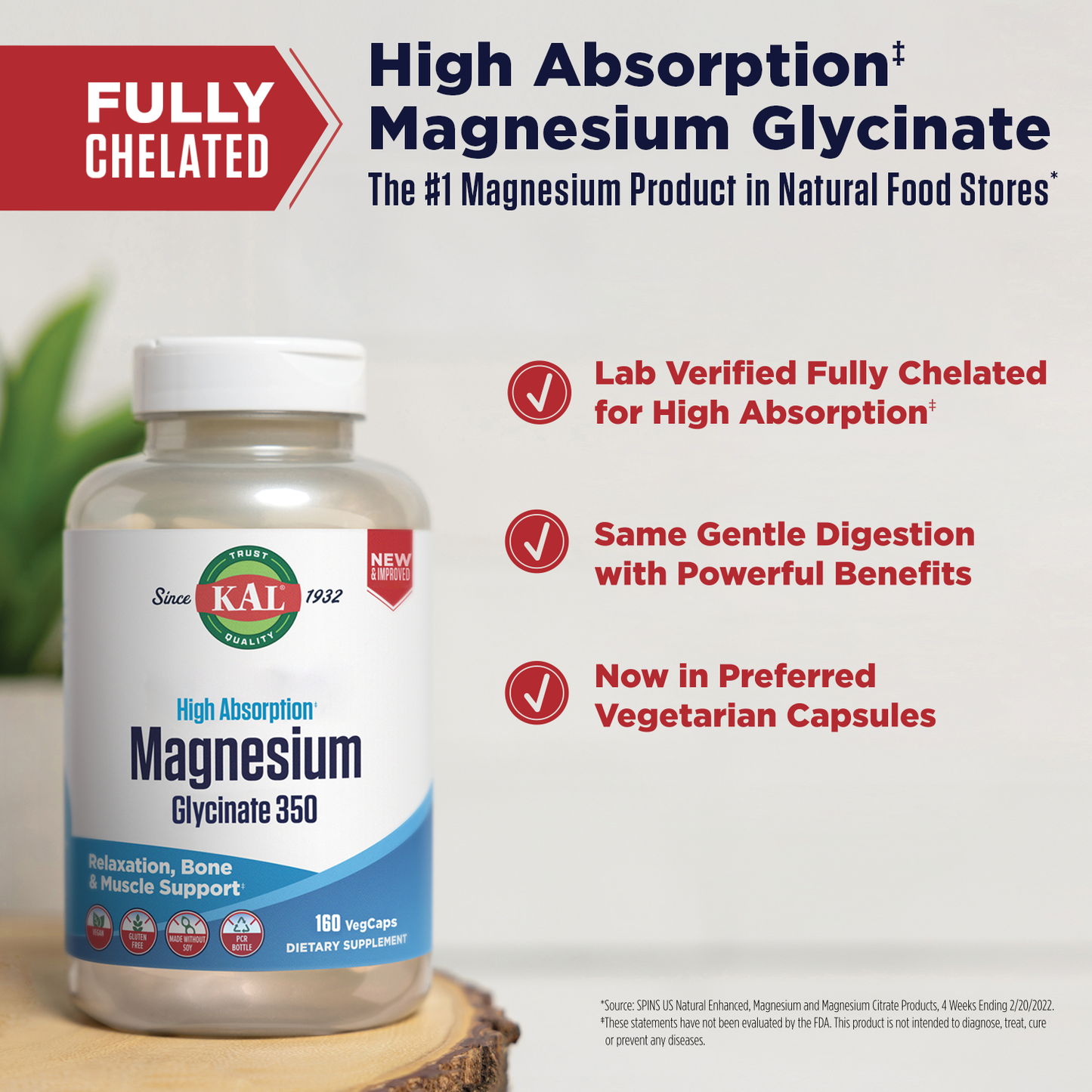 KAL Magnesium Glycinate Capsules, Fully Chelated Magnesium Bisglycinate, High Absorption Magnesium Supplement, Healthy Bones, Muscle, Relaxation and Stress Support, Non-GMO