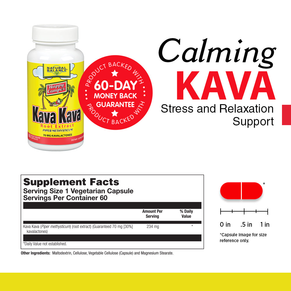 Natural Balance Happy Camper Kava Kava Root Extract | 70mg Kavalactones | Calm & Relaxation Supplement for Mood & Stress Support  | 60 VegCaps