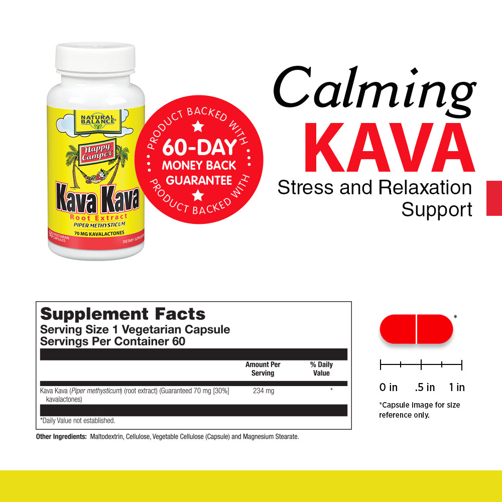 Natural Balance Happy Camper Kava Kava Root Extract | 70mg Kavalactones | Calm & Relaxation Supplement for Mood & Stress Support | 60 VegCaps