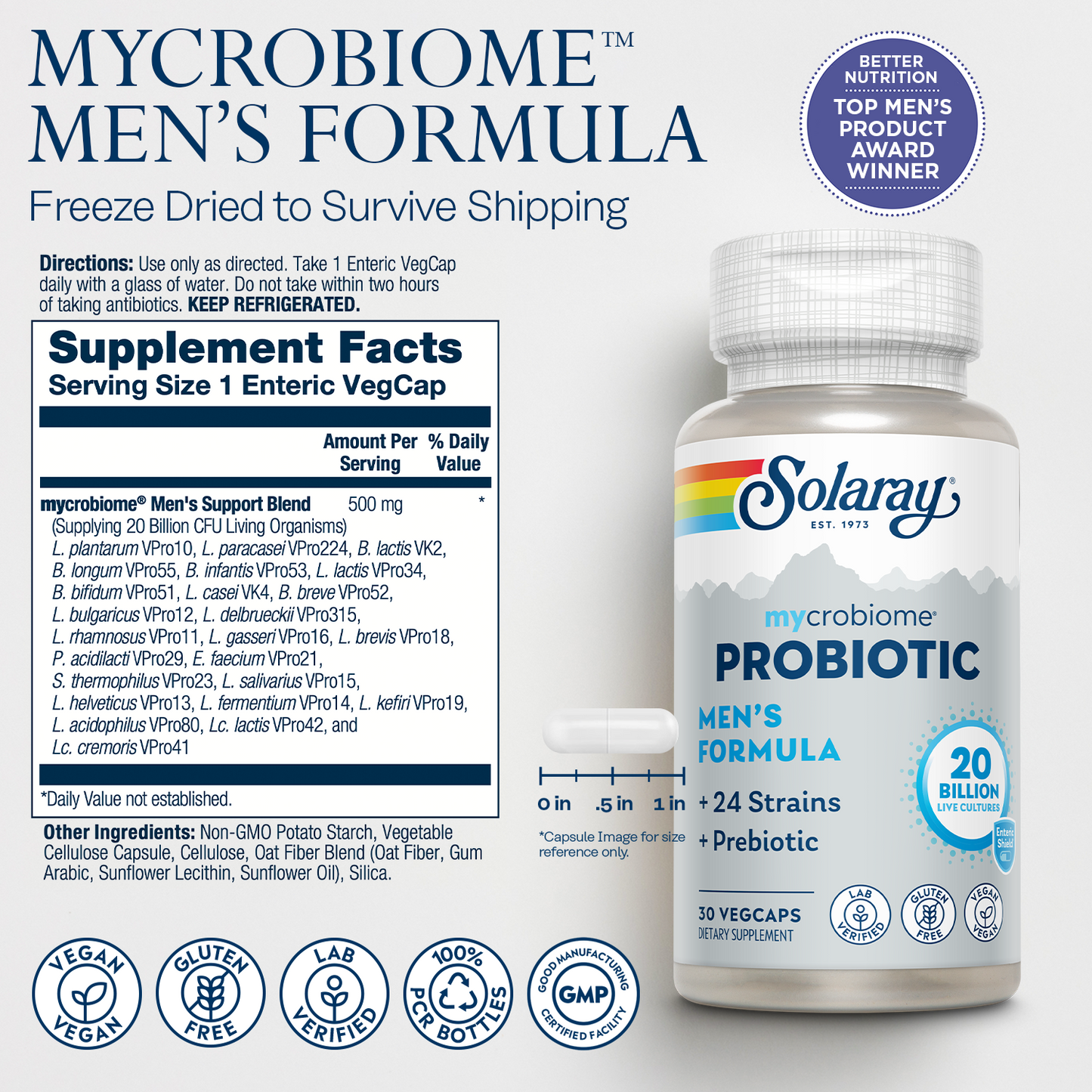 Solaray Mycrobiome Probiotic Men’s Formula, Probiotics for Men, Gut Health, Digestion, Immune Function & More, 20 Billion CFU Mens Probiotic, 24 Strains Plus Prebiotic, 30 Servings, 30 VegCaps