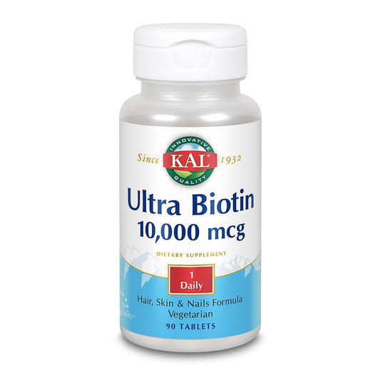 KAL Ultra Biotin 10,000 mcg | Healthy Hair Growth Formula | Skin & Nail Health Support | Vegetarian | 90 Tabs, 90 Serv.