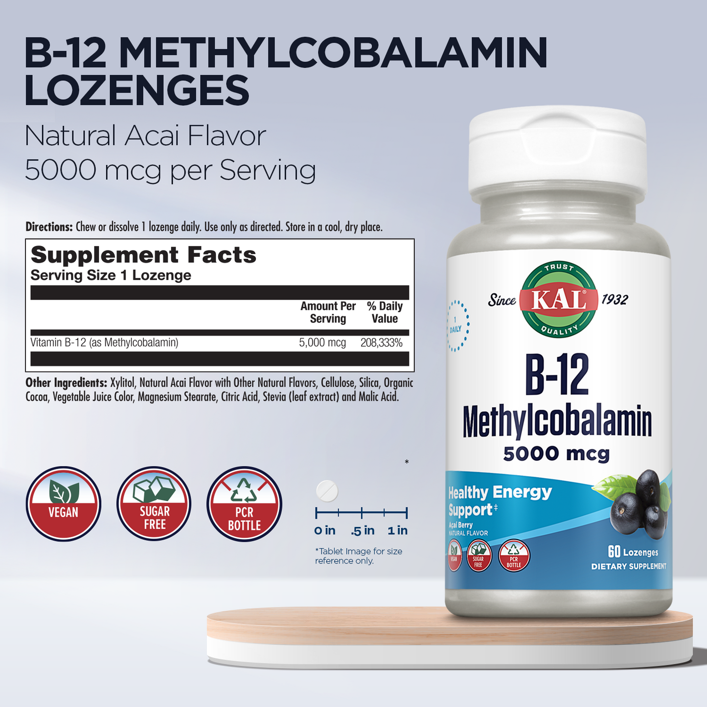 KAL Vitamin B-12 Methylcobalamin Lozenges 5000mcg, Healthy Energy, Metabolism, Nerve & Red Blood Cell Support,* Optimal Absorption, Natural Acai Flavor, Vegan, Sugar Free, 60 Servings, 60 Lozenges