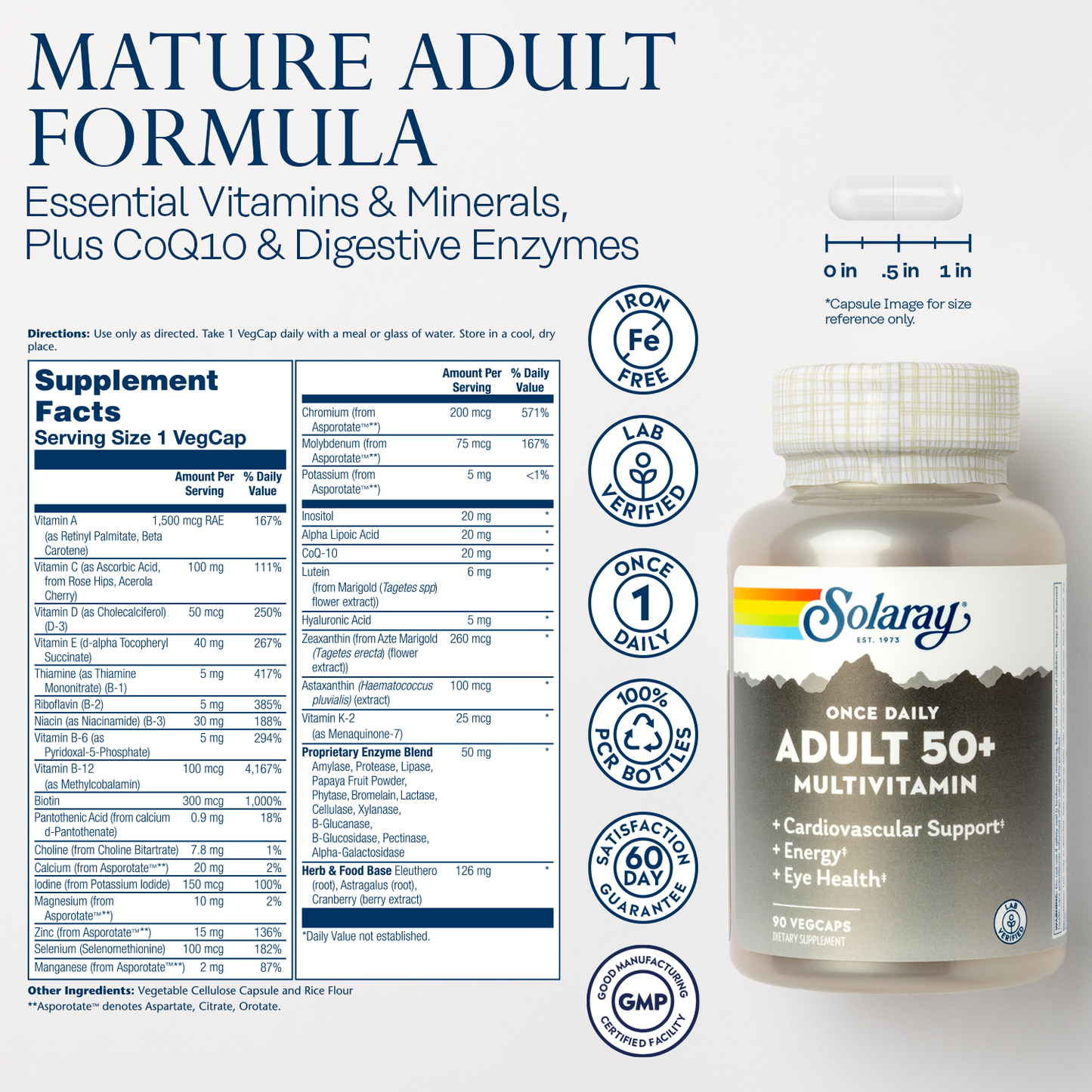 Solaray Once Daily Adult 50+ Multivitamin Healthy Energy, Heart & Immune Support for Mature Adults 90 CT