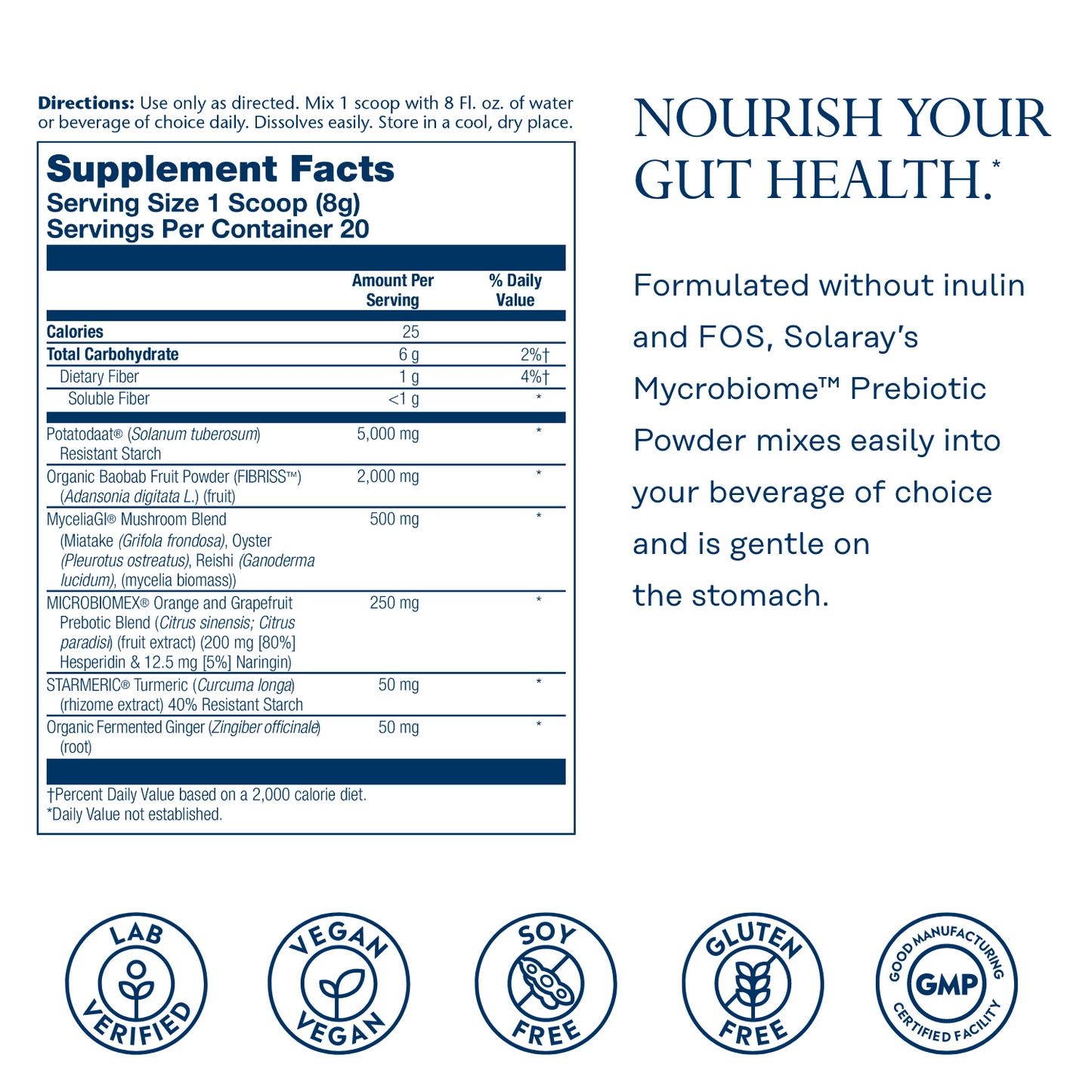 Solaray Mycrobiome Prebiotic Powder, Prebiotics for Women and Men, Digestive Nutritional Supplements for Colon and Gut Health, Non-Gritty, Easy-to-Mix, Non-Bloating Formula, 20 Servings, 5.64 OZ