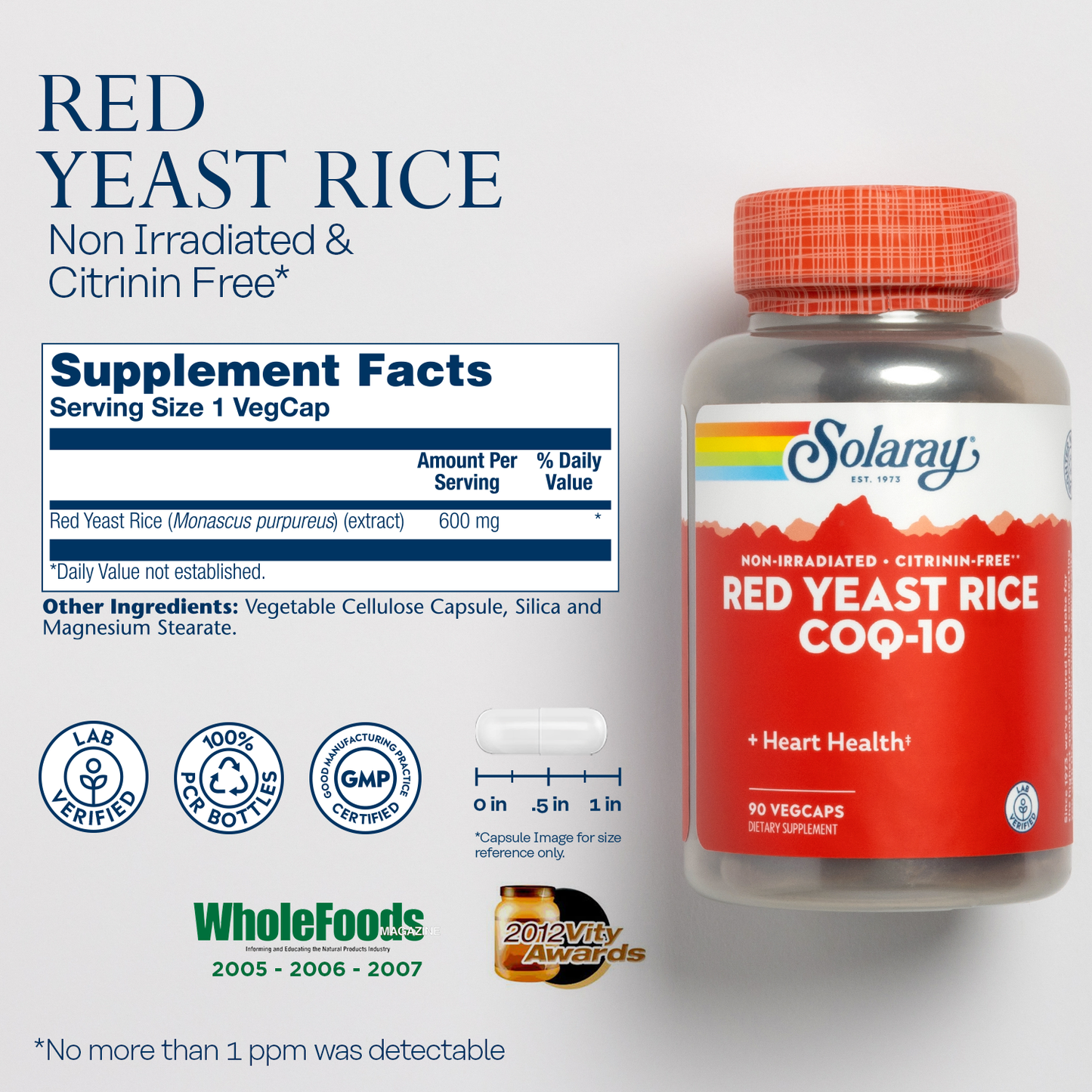 Solaray Red Yeast Rice, Healthy Heart & Cardiovascular Support, Non-Irradiated & Citrinin-Free, 60 Day Money-Back Guarantee, 90 Servings, 90 VegCaps