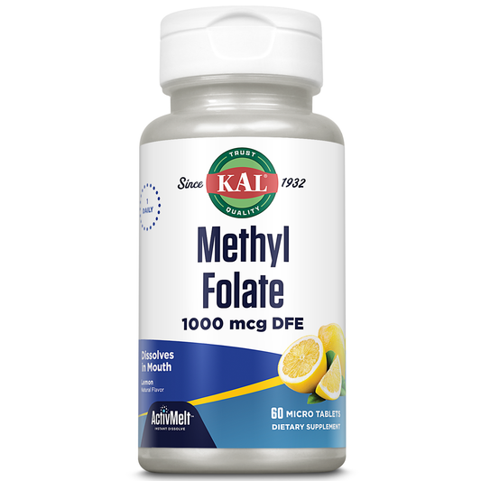 KAL Methyl Folate 1000 mcg, 5-MTHF Active Form, Folic Acid Supplement, Heart Health, Prenatal, Mood and Brain Support, Vegetarian, Natural Lemon ActivMelt, 60-Day Guarantee, 60 Serv, 60 Micro Tablets