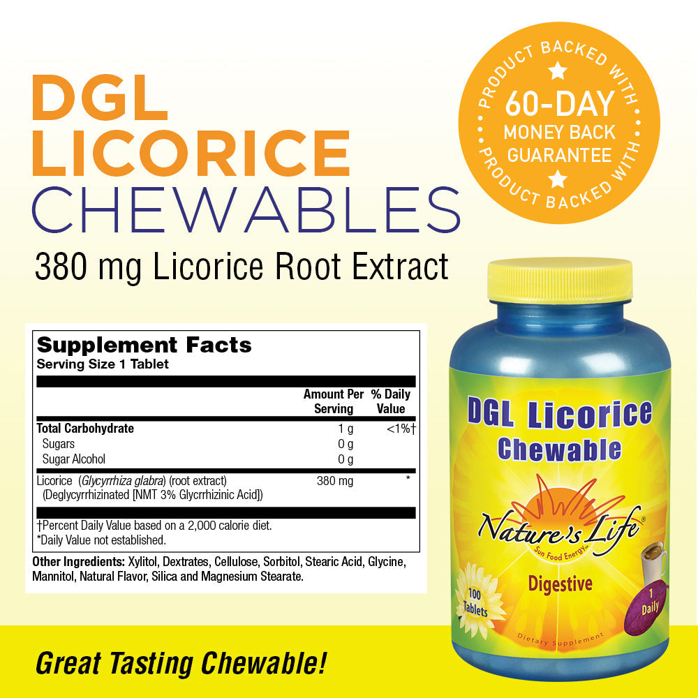 Nature's Life DGL Licorice Tablets, 380 Mg, Chewable, 100 Count