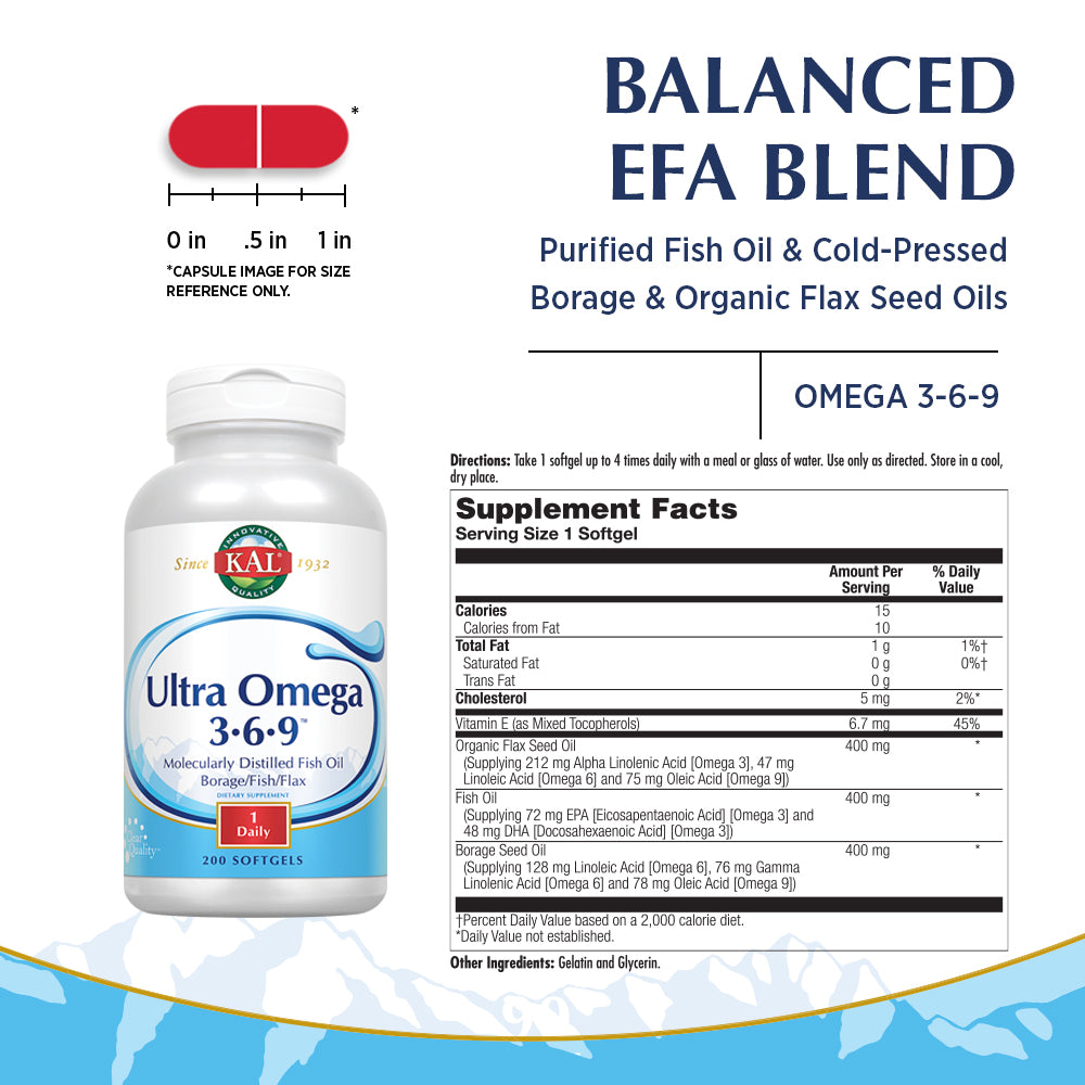 KAL Ultra Omega 3-6-9 1200mg | Fish Oil w/ Cold Pressed Flaxseed & Borage Oil | Skin, Hair, Heart, Memory