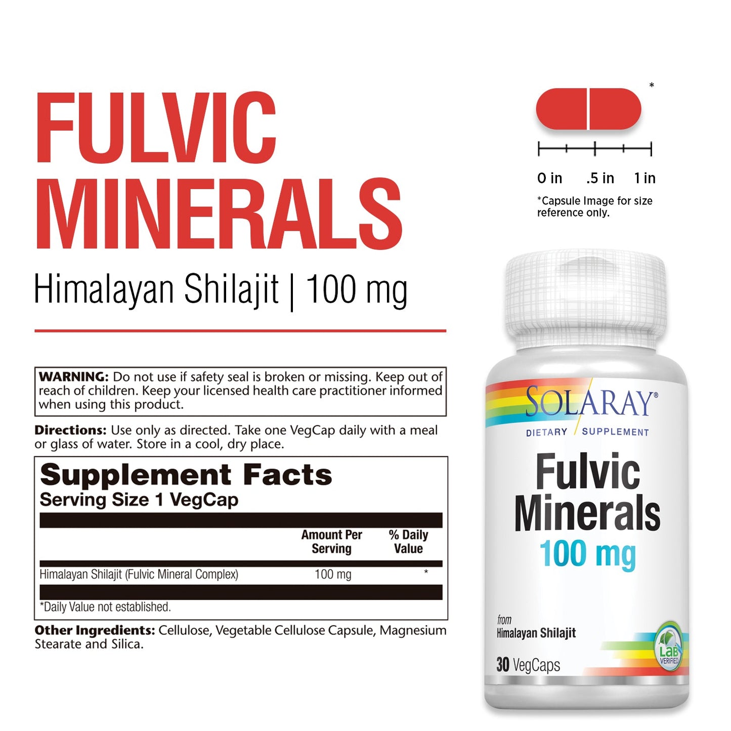 Solaray Fulvic Minerals 100 mg | Himalayan Shilajit | Healthy Digestion, Skin & Brain Support | 30 VegCaps