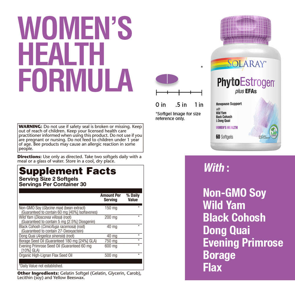 Solaray PhytoEstrogen Plus EFAs Menopause Support | Wild Yam, Black Cohosh, Evening Primrose & Borage | 60ct, 30 Serv.