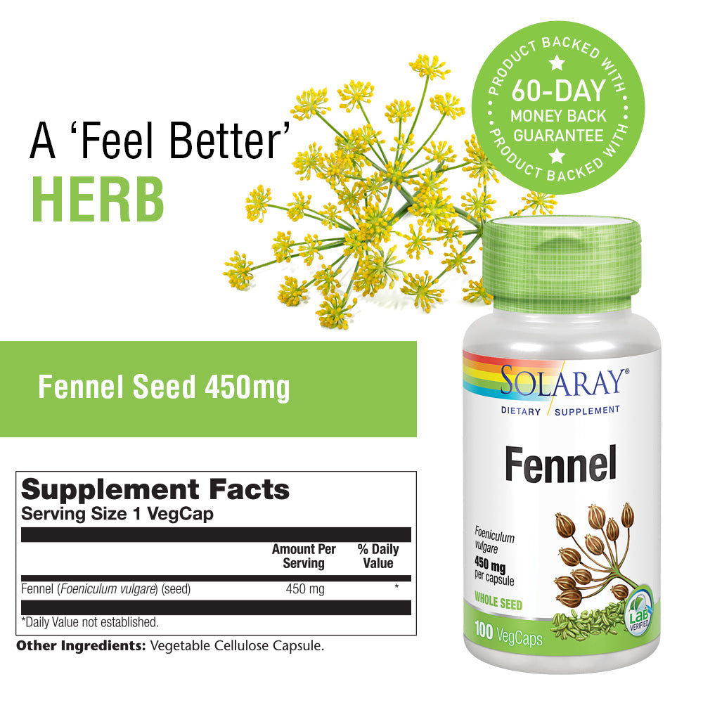 Solaray Fennel Seed 450mg | May Help Support Healthy Digestion, Fresh Breath, Respiratory Function | Non-GMO | Vegan | Lab Verified | 100 VegCaps