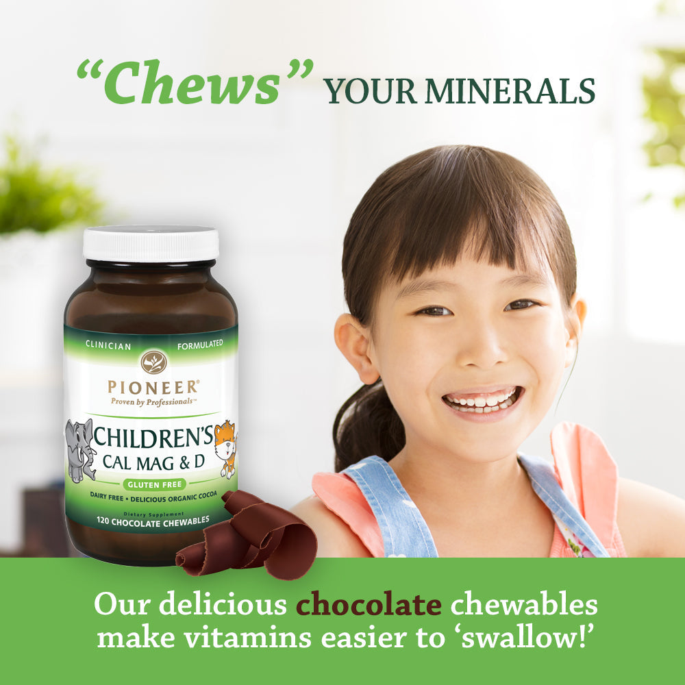 Pioneer Cal Mag & Vitamin D Chewable for Children | Chocolate Flavor from Organic Cocoa | No Sugar, Dairy or Gluten | 120 Count