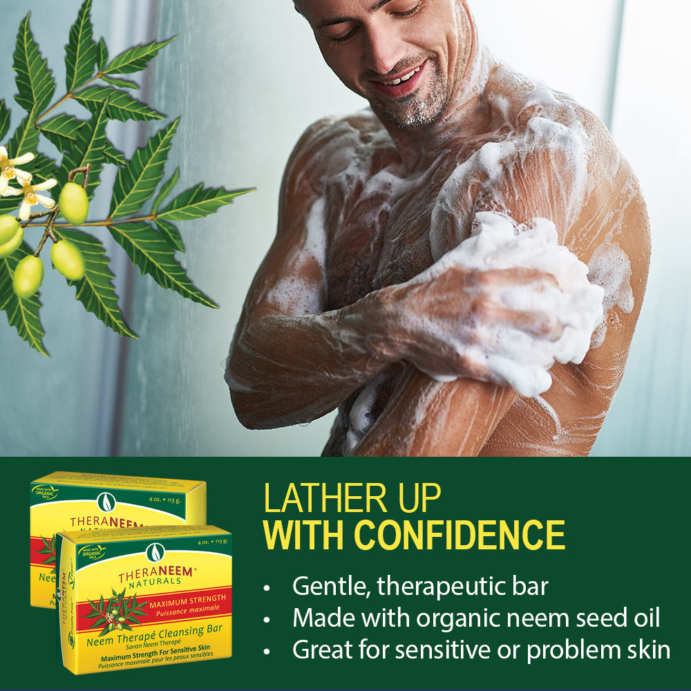 TheraNeem Neem Therape Cleansing Bar, Maximum Strength | Neem Oil Soap for Sensitive Skin | Soothes & Hydrates | 4oz