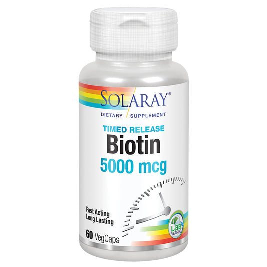 Solaray Biotin 5000 mcg | Timed Release | Fast-Acting, Long-Lasting Healthy Hair, Skin & Nails Support | 60 VegCaps