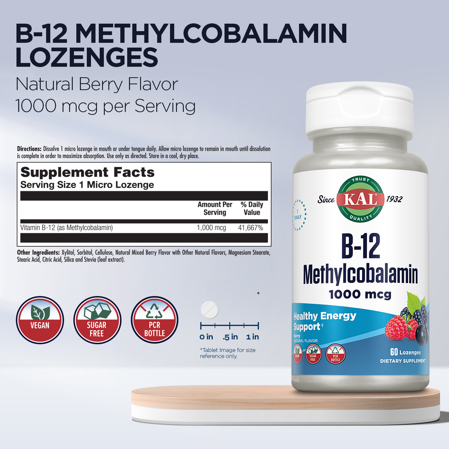 KAL B-12 Methylcobalamin 1000 mcg Micro Lozenges | Natural Berry Flavor | Healthy Metabolism, Energy, Nerve & Red Blood Cell Support | 60 Lozenge