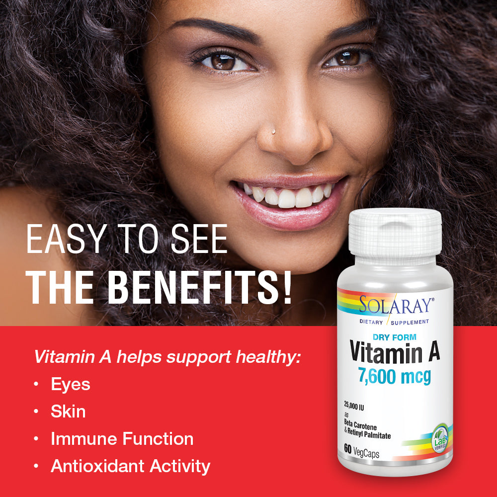 Solaray Dry Form Vitamin A - Vitamin A as 60% Beta Carotene and 40% Retinyl Palmitate with Carrot Powder - Eyes, Antioxidant Activity, and Immune System Support - 60 Servings, 60 VegCaps