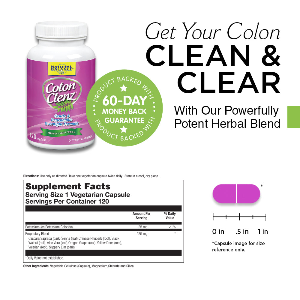Natural Balance Colon Clenz, Herbal Colon Cleanse & Detox Supplement, Gentle & Dependable Overnight Formula 60ct (120 CT)