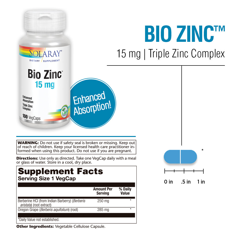 Solaray Bio Zinc 15 mg | Triple Zinc Complex for Healthy Immune System, Endocrine & Cell Function Support | 100 VegCaps