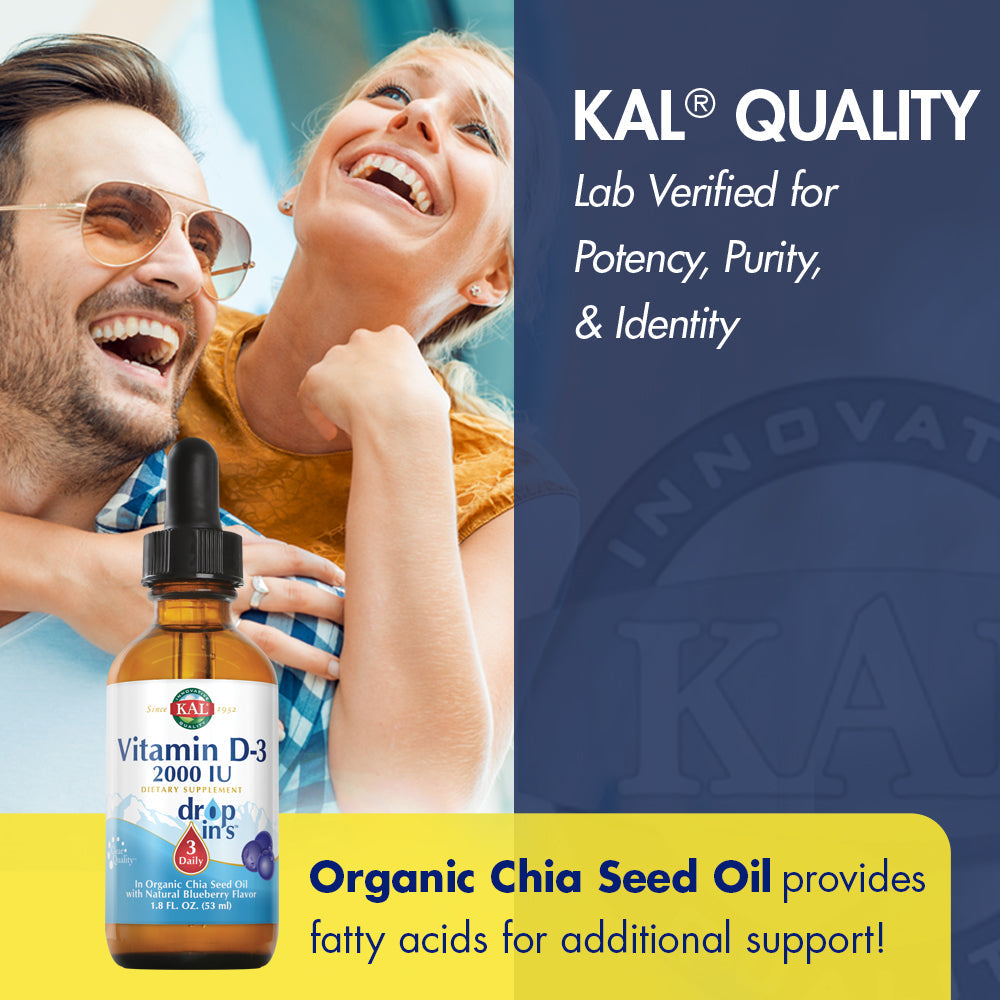 KAL Vitamin D-3 2000 IU Dropins in Organic Chia Seed Oil, Natural Blueberry | Healthy Immune & Bone Support | 590 Serv.
