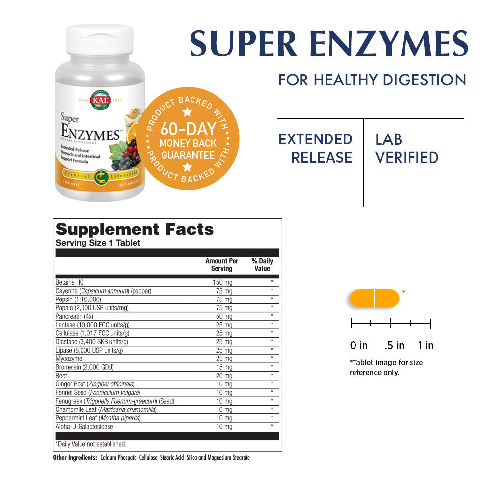 KAL Super Enzymes | Healthy Digestive Support | Digestive Enzymes and Herbs in Bi-Layer/Extended Release Formula | Lab Verified | 60 Tablets