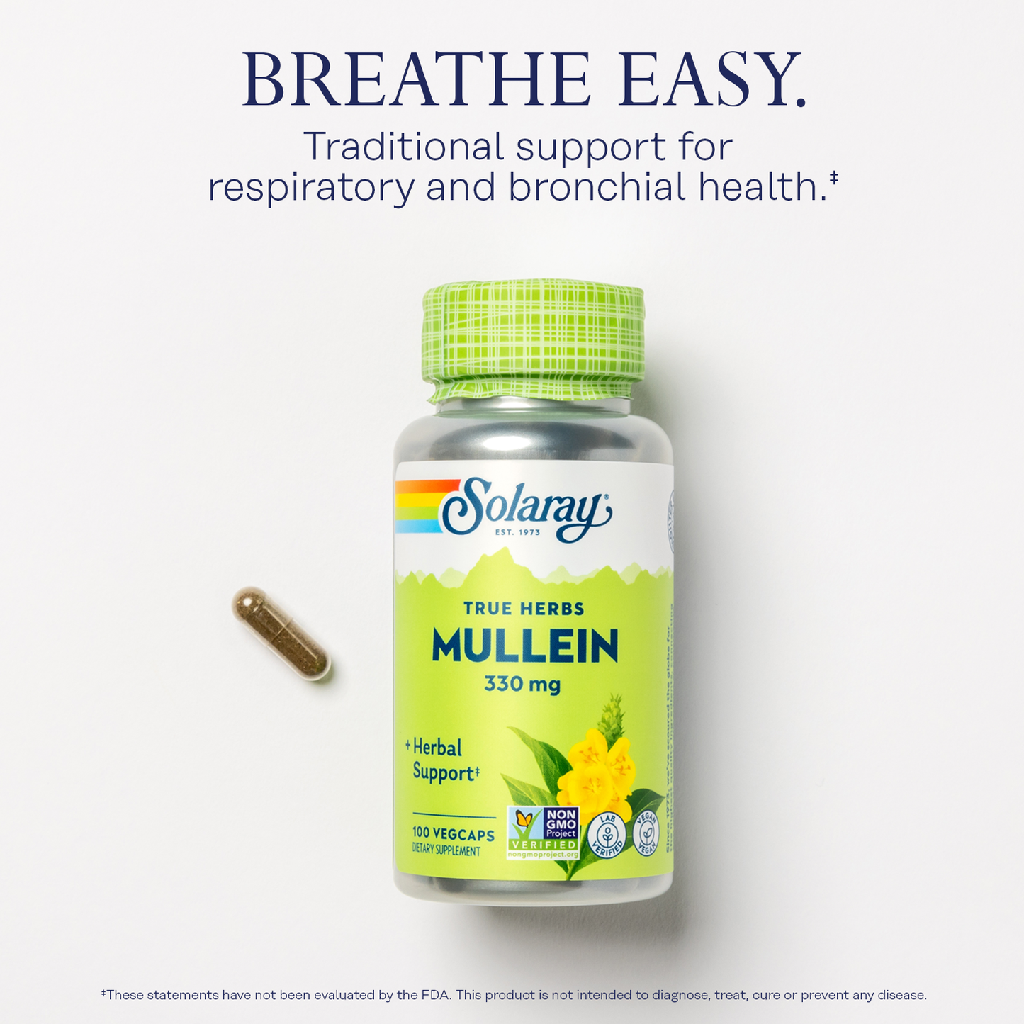 Solaray Mullein Leaf 330mg | Herbal Support for Healthy Respiratory, Bronchial & Immune Function | Vegan | 100 CT