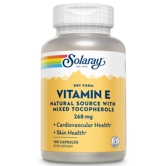 Solaray Vitamin E, Dry 400 IU w/ Mixed Tocopherols Non-Oily Healthy Cardiac Function, Antioxidant Activity & Skin Health Support 100 Capsules