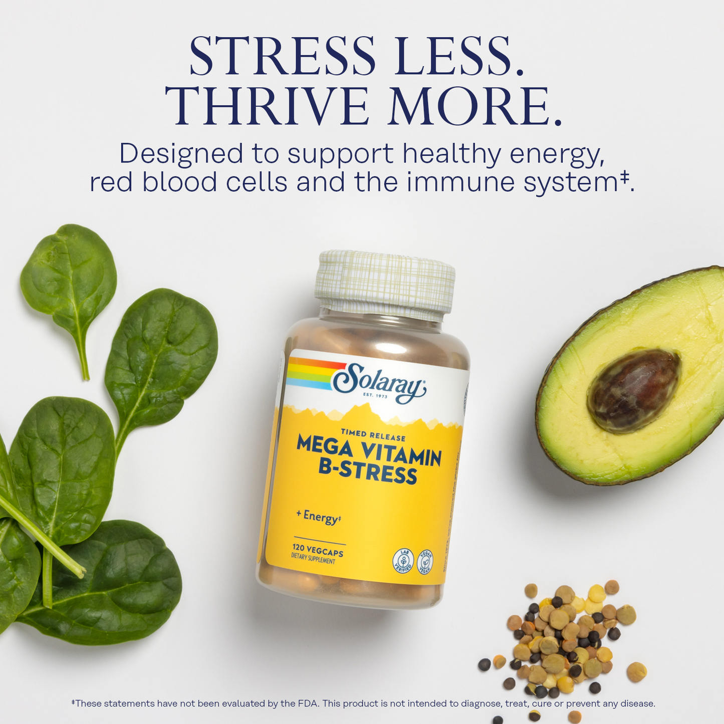 Solaray Mega Vitamin B-Stress, Timed-Release Vitamin B Complex with 1000 mg of Vitamin C for Stress, Energy, Red Blood Cell & Immune Support, Vegan, 60-Day Guarantee, (120 Count (Pack of 1))