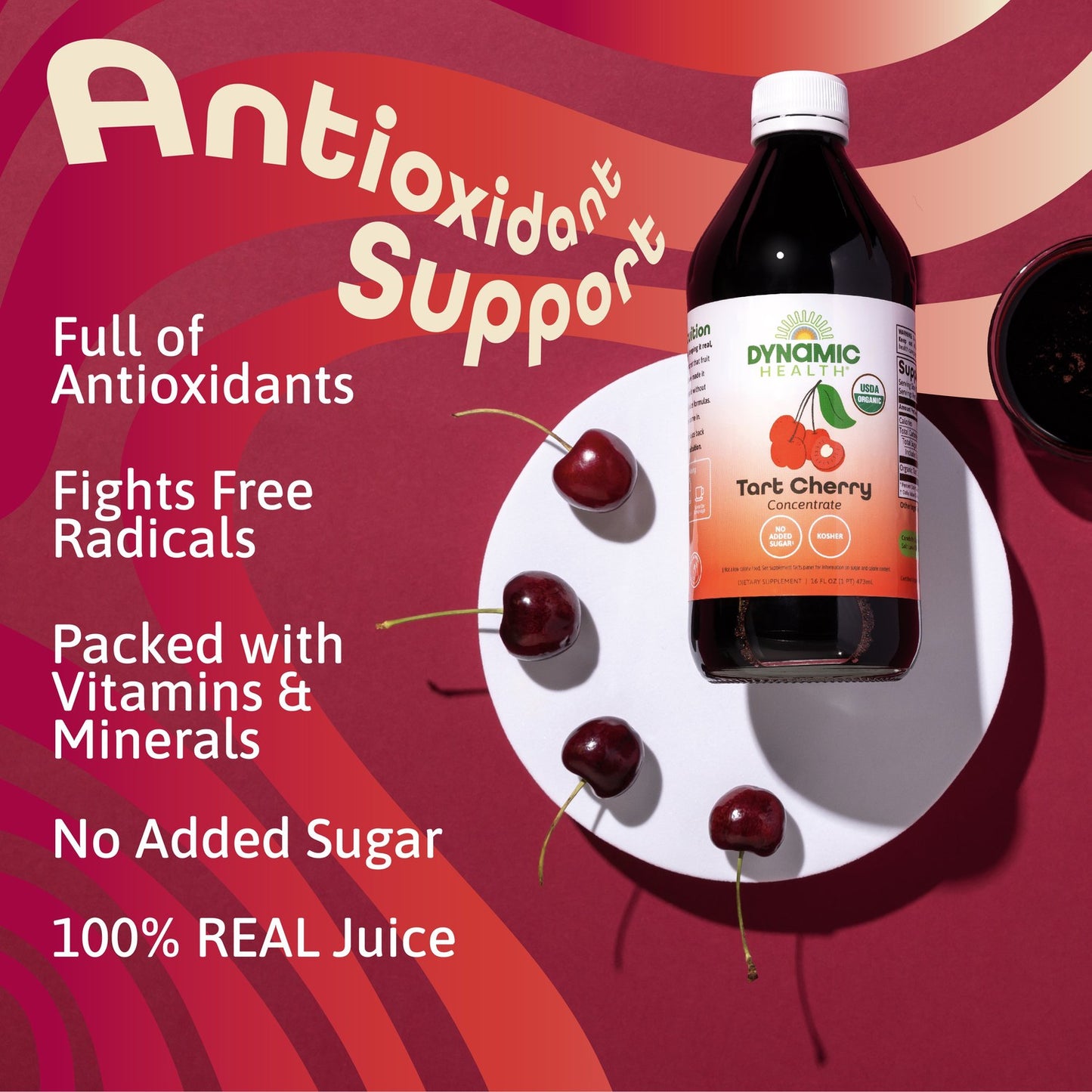Dynamic Health Organic Tart Cherry Juice, Unsweetened 100% Juice Concentrate, Antioxidants Supplement, No Sweeteners or Additives, Vegan, Gluten Free, BPA Free, 16 oz