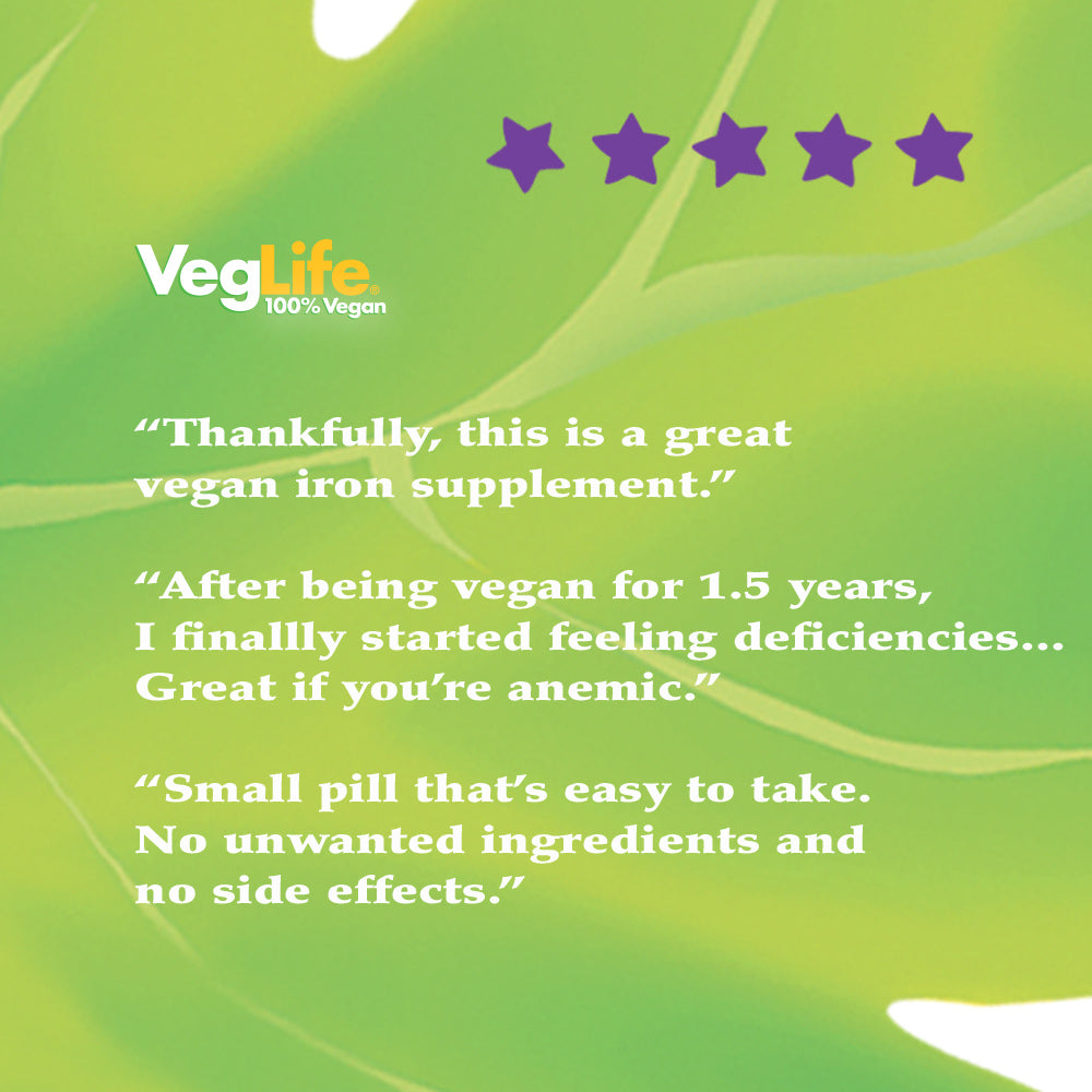 VegLife Vegan Iron 25 mg | Plus Vitamin C, Folic Acid, B-12 and VegiBlend Food Base | Plant Based Iron Supplement for Women & Men