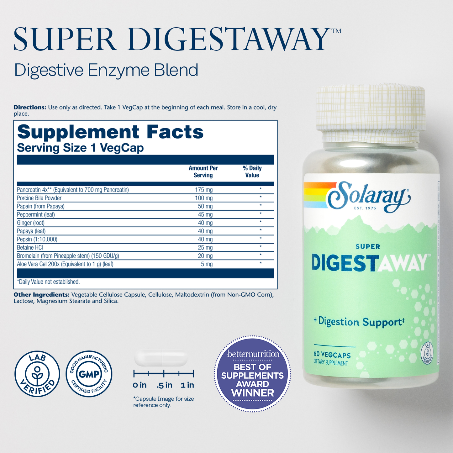 Solaray Super Digestaway Digestive Enzymes - Pancreatin, Papain, Ginger, Pepsin, Betaine HCl, Aloe Vera, and More - Digestion & Nutrient Absorption Support - Lab Verified