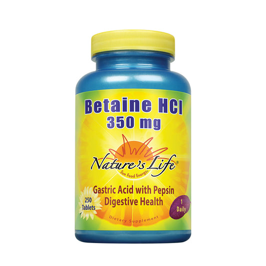 Nature's Life Betaine HCL Supplement 350 mg | Includes 150mg of Pepsin | Healthy Digestive Function Support | 250 Tablets
