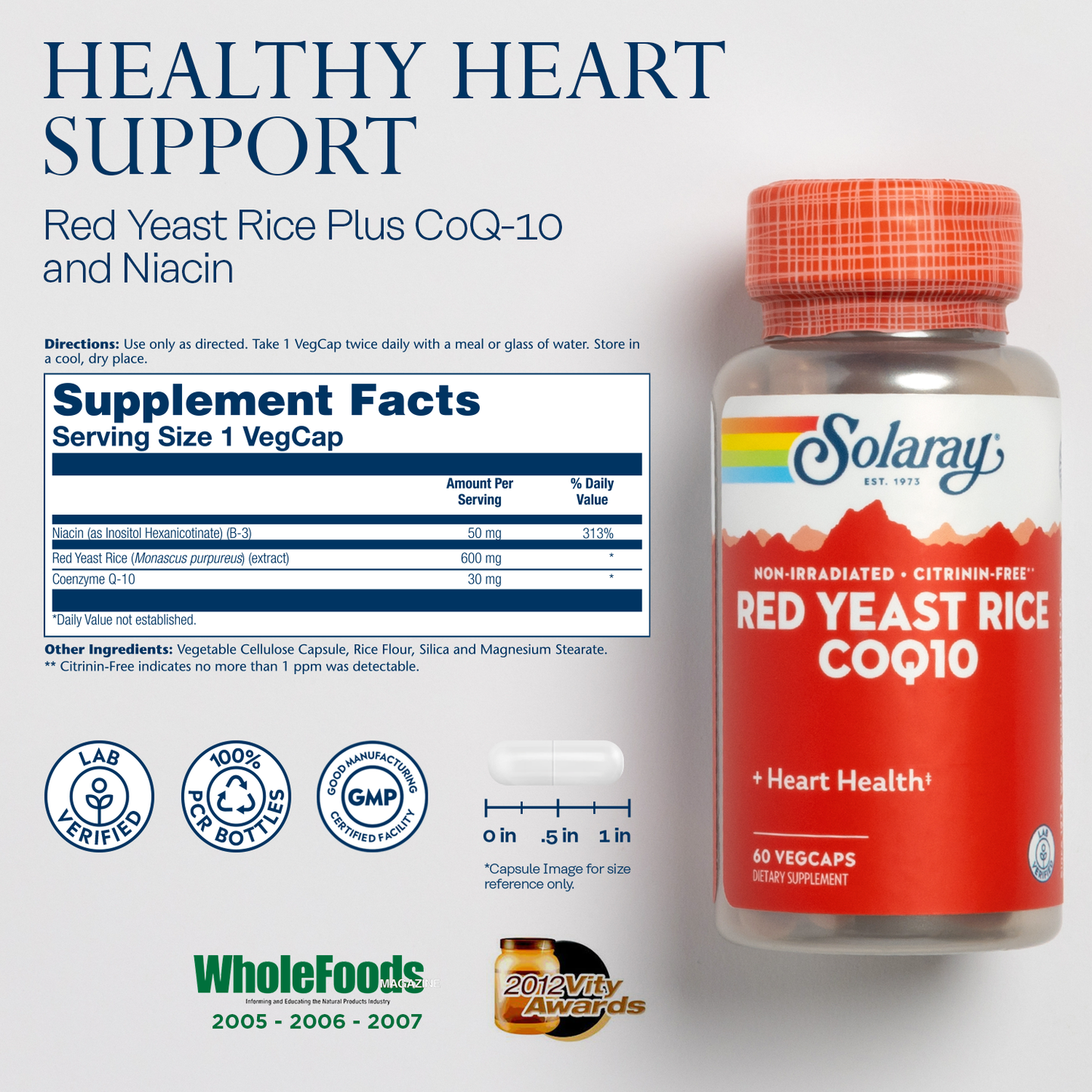 Solaray Red Yeast Rice Plus CoQ-10 | with Niacin for Added heart Health Support | Non-Irradiated & No Citrinin (90 CT)