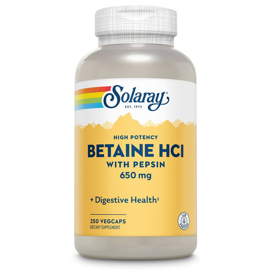 Solaray High Potency Betaine HCL with Pepsin 650 mg, Hydrochloric Acid Formula for Healthy Digestion Support, Lab Verified, 250 VegCaps (250 Servings, 250 Veg Caps)