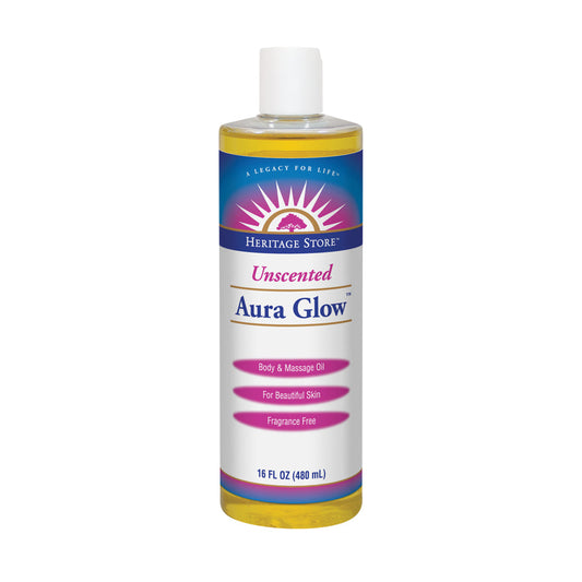 Heritage Store Aura Glow Unscented | Body & Massage Oil | For Beautiful Skin & Hair | Moisturizer, Aftershave, Lotion, Hair & Bath Oil | 16 FL OZ