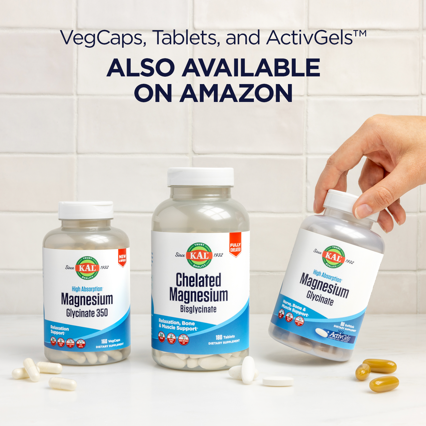 KAL Magnesium Glycinate ActivGels 315mg, High Absorption Magnesium Supplement for Muscle, Nerve & Bone Health Support, Non-GMO, Gluten Free, 30 Servings, 90 Softgels