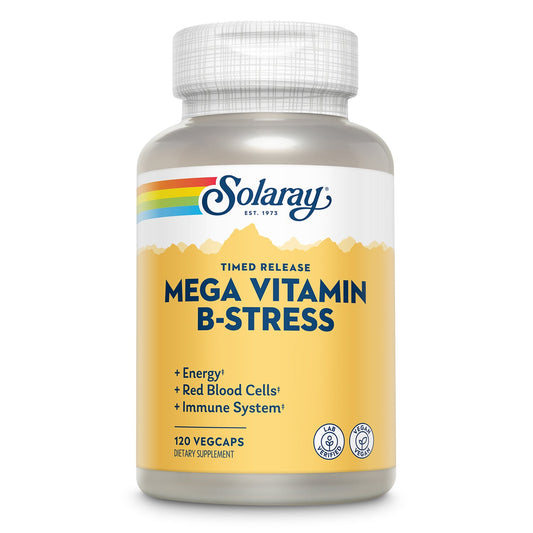 Solaray Mega Vitamin B-Stress, Timed-Release Vitamin B Complex with 1000 mg of Vitamin C for Stress, Energy, Red Blood Cell & Immune Support, Vegan, 60-Day Guarantee,  (120 Count (Pack of 1))