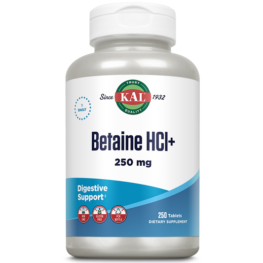 KAL Betaine HCL with Pepsin, Digestive Health Supplement with 250mg Betaine Hydrochloride Plus 130mg Pepsin, Gluten Free, Non-GMO, 60-Day Guarantee, Rapid Disintegration Tablets, 250 Servings, 250ct