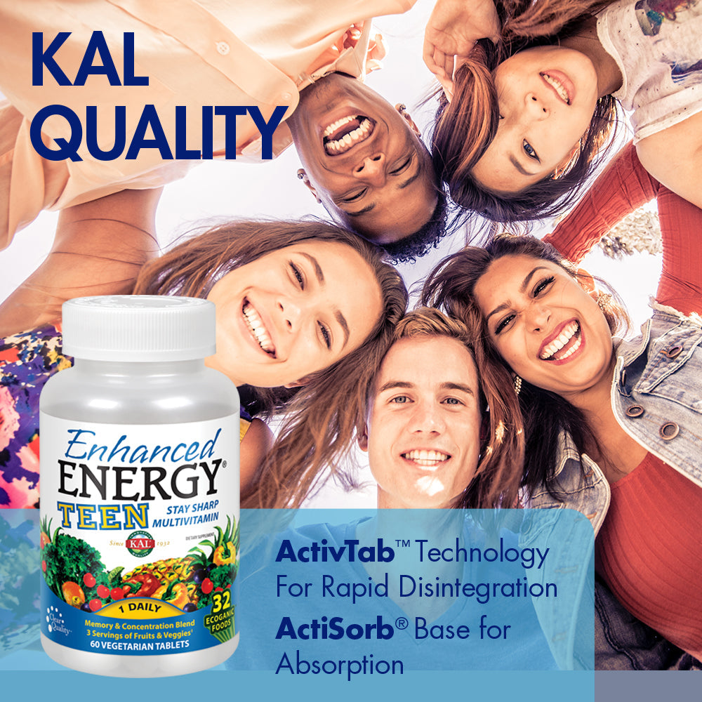 KAL Enhanced Energy Multivitamin for Teens | Memory & Concentration Blend | Equates to 3 Servings of Fruits & Veggies | 32 Ecoganic Foods | 60 Tablets