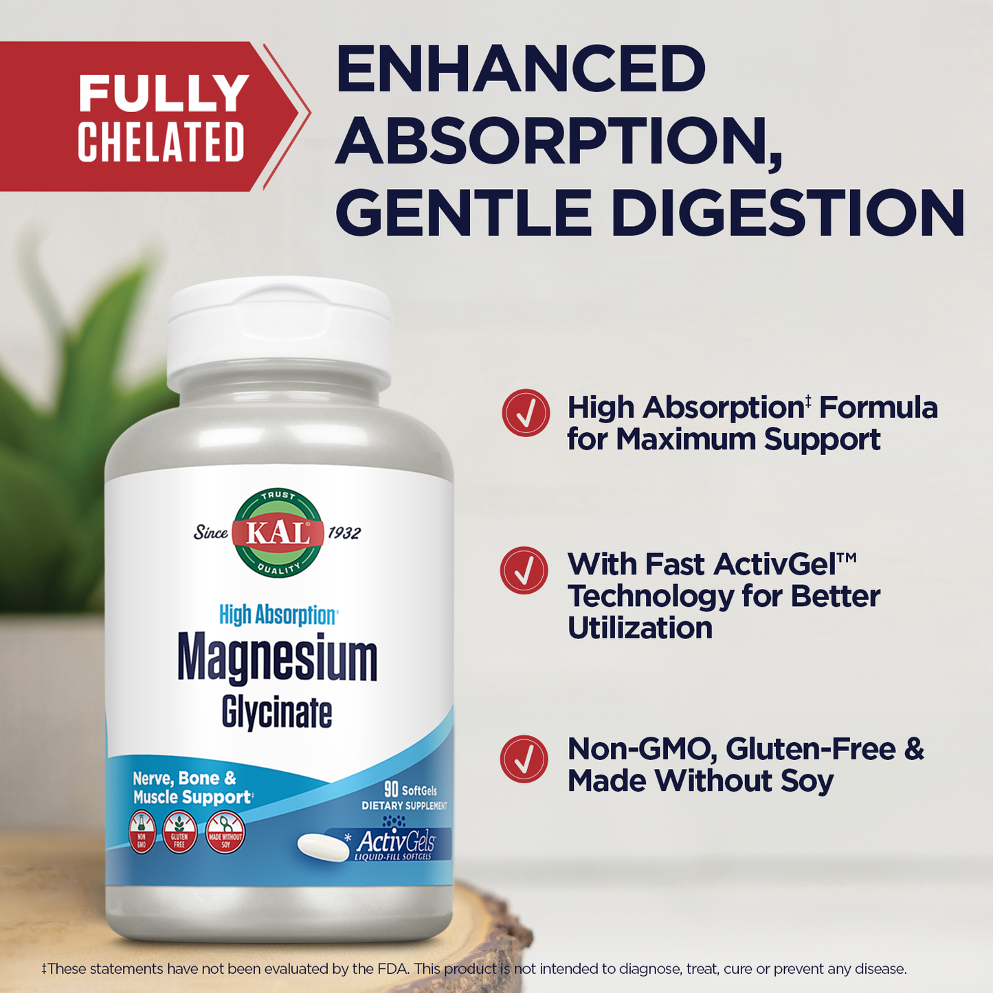 KAL Magnesium Glycinate ActivGels 315mg, High Absorption Magnesium Supplement for Muscle, Nerve & Bone Health Support, Non-GMO, Gluten Free, 30 Servings, 90 Softgels