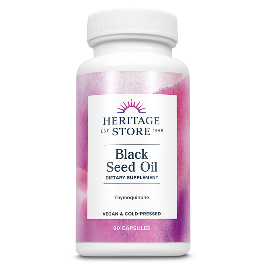 Heritage Store Black Seed Oil Liquid Capsules 650mg, Nigella Sativa Oil Supplement with Thymoquinone, Omega 3 6 9, Antioxidant, Cholesterol, Digestive, Joint & Immune Support*, Vegan, 45 Serv, 90ct