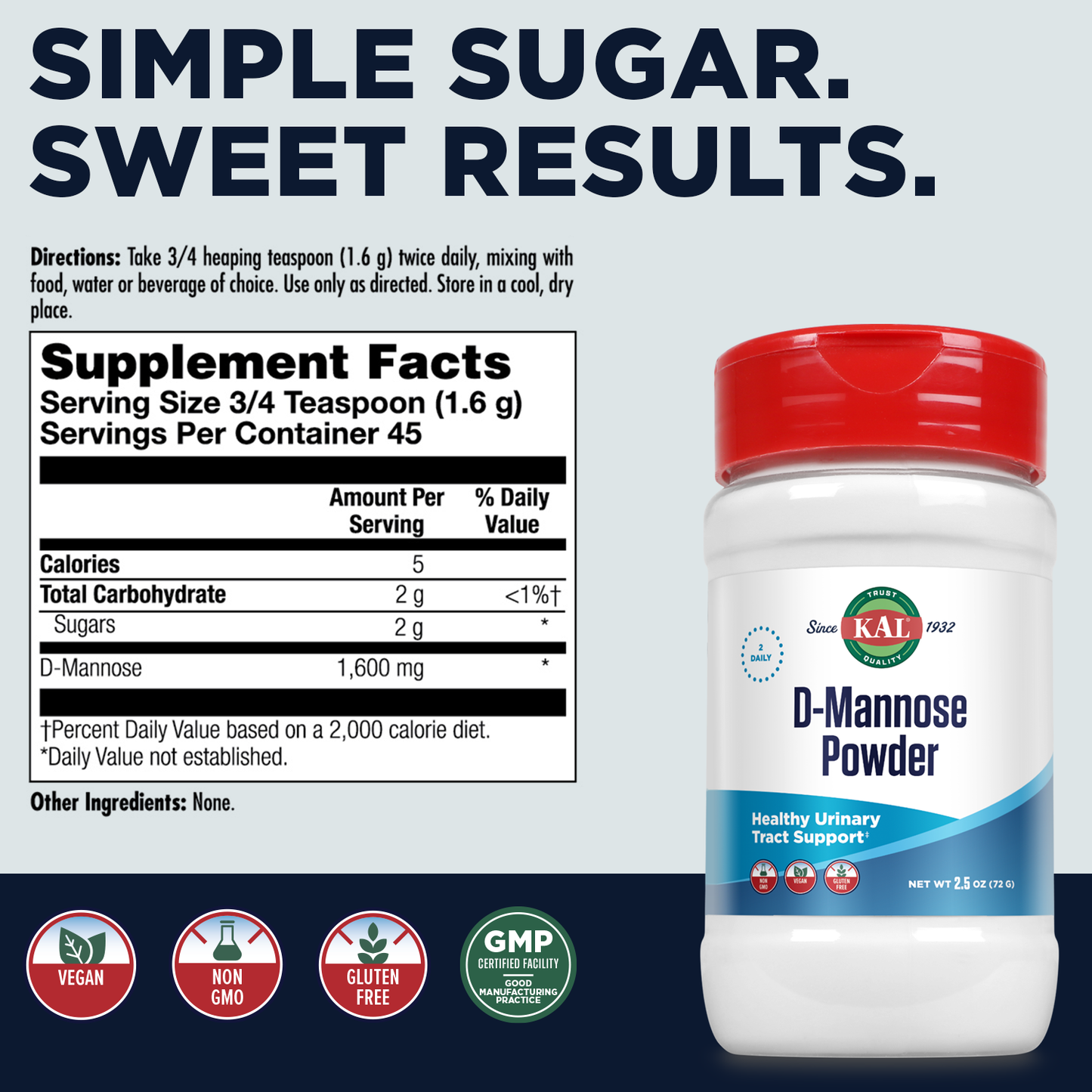 KAL D-Mannose 1600mg Fast-Dissolving Powder to Support Urinary Tract Health Unflavored 2.5oz 45 Servings